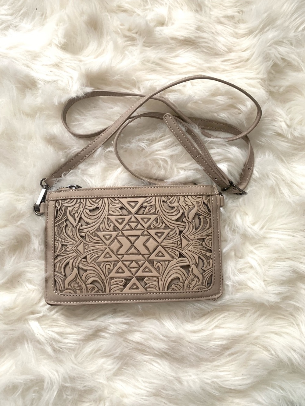 Trinity Ranch Taupe Tooled Leather Crossbody Handbag Purse
